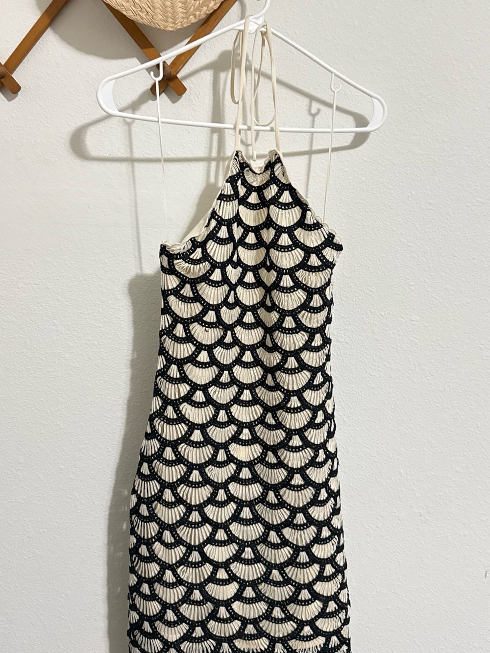 Crochet Halter Mini Dress in Cream and Black